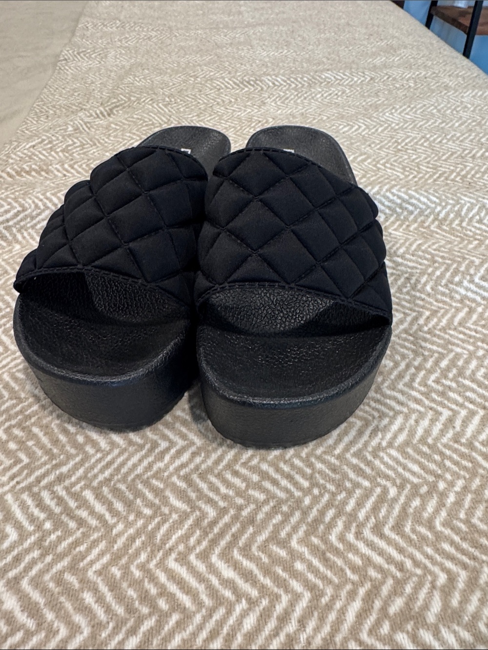 Quilted Black Platform Slides